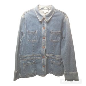 Jones Sport Cargo Jean Jacket Stretch Blue Denim Metal Logo Button Pockets Vtg